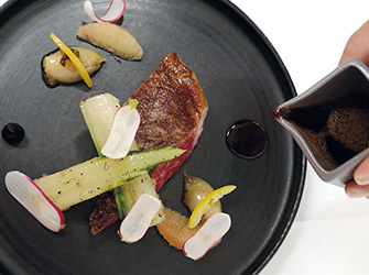 Wagyu rumpsteak, candied griselle shallots, lemon,coriander, chard, black garlic sauce, pomelo.Lightly grilled carpaccio, pistachios, horseradish, comtécheese, capers, olives, anchovies.