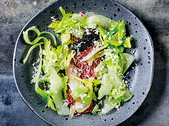 Wagyu beef, caviar, celery branch and horseradish.