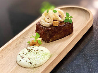 Sawdust-smoked Wagyu beef, Alpine beaufort emulsion,wild caraway seeds.